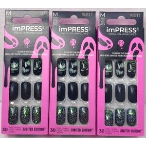 Glow In The Dark Halloween imPRESS Black PRESS ON NAILS Limited Edition LOT OF 3